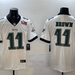 Men's Philadelphia Eagles #11 A.J. Brown White 2025 Super Bowl LIX Patch Vapor Untouchable Limited Stitched Football Jersey - Custom Name