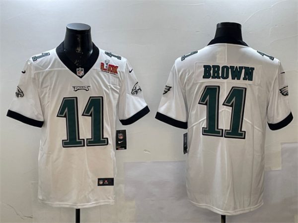 Men's Philadelphia Eagles #11 A.J. Brown White 2025 Super Bowl LIX Patch Vapor Untouchable Limited Stitched Football Jersey - Custom Name