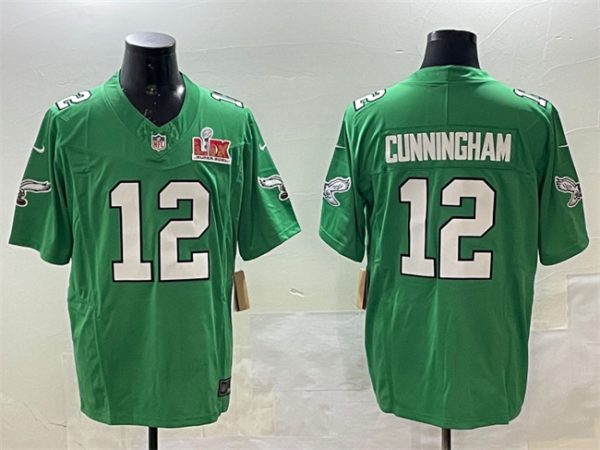 Men's Philadelphia Eagles #12 Randall Cunningham Green 2025 Super Bowl LIX Patch F.U.S.E. Throwback Vapor Untouchable Limited Stitched Football Jersey - Custom Name