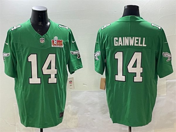 Men's Philadelphia Eagles #14 Kenneth Gainwell Green 2025 Super Bowl LIX Patch F.U.S.E. Throwback Vapor Untouchable Limited Stitched Football Jersey - Custom Name
