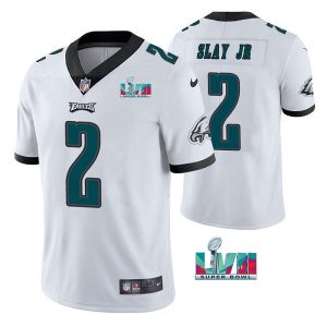 Men's Philadelphia Eagles #2 Darius Slay JR White Super Bowl LVII Patch Vapor Untouchable Limited Stitched Jersey - Custom Name