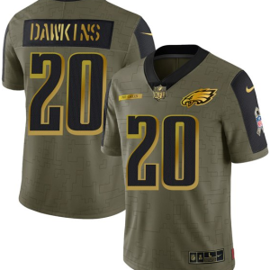 Men's Philadelphia Eagles #20 Brian Dawkins 2021 Olive Salute To Service Golden Limited Stitched Jersey - Custom Name