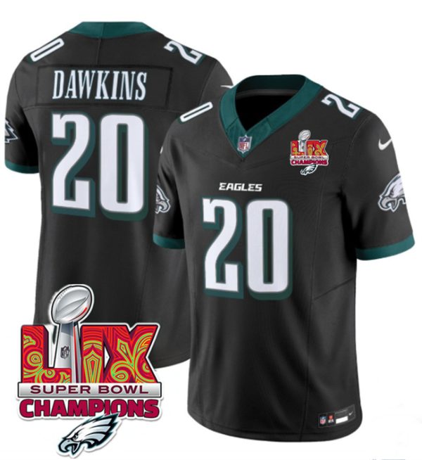 Men's Philadelphia Eagles #20 Brian Dawkins Black 2025 Eagles Logo Super Bowl LIX Patch New F.U.S.E. Vapor Limited Stitched Football Jersey - Custom Name