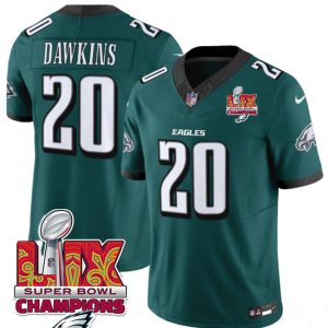 Men's Philadelphia Eagles #20 Brian Dawkins Green 2025 Eagles Logo Super Bowl LIX Patch New F.U.S.E. Vapor Limited Stitched Football Jersey - Custom Name