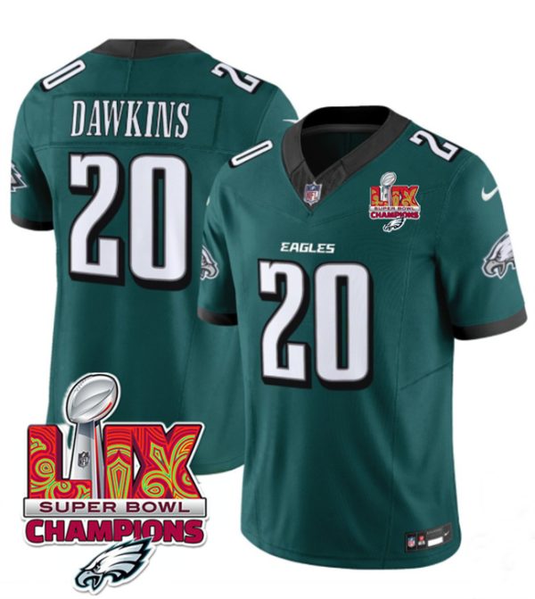 Men's Philadelphia Eagles #20 Brian Dawkins Green 2025 Eagles Logo Super Bowl LIX Patch New F.U.S.E. Vapor Limited Stitched Football Jersey - Custom Name
