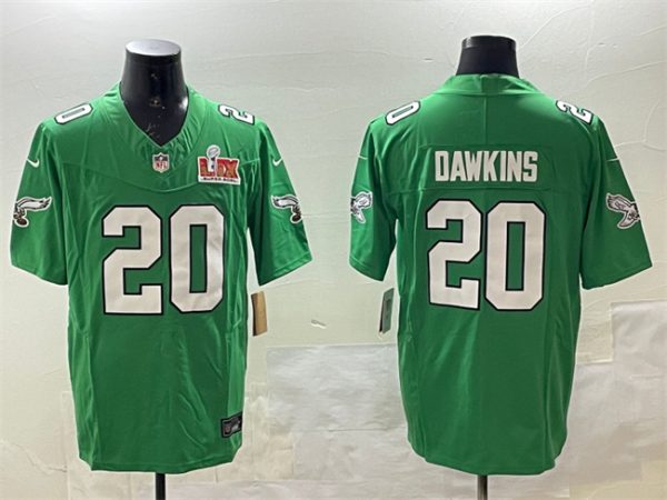 Men's Philadelphia Eagles #20 Brian Dawkins Green 2025 Super Bowl LIX Patch F.U.S.E. Throwback Vapor Untouchable Limited Stitched Football Jersey - Custom Name