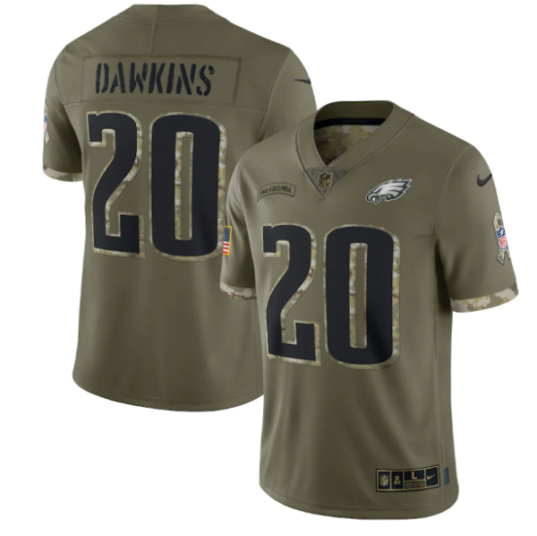 Men's Philadelphia Eagles #20 Brian Dawkins Olive 2022 Salute To Service Limited Stitched Jersey - Custom Name