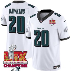 Men's Philadelphia Eagles #20 Brian Dawkins White 2025 Eagles Logo Super Bowl LIX Patch New F.U.S.E. Vapor Limited Stitched Football Jersey - Custom Name