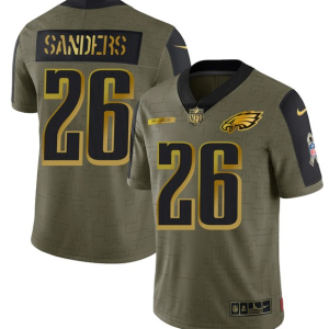 Men's Philadelphia Eagles #26 Miles Sanders 2021 Olive Salute To Service Golden Limited Stitched Jersey - Custom Name