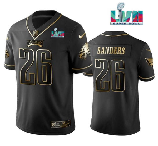 Men's Philadelphia Eagles #26 Miles Sanders Black Golden Super Bowl LVII Patch Edition Stitched Football Jersey - Custom Name