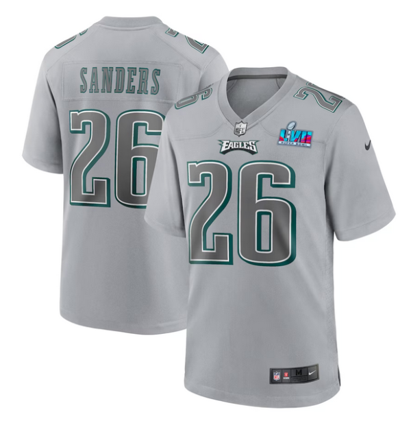 Men's Philadelphia Eagles #26 Miles Sanders Grey Super Bowl LVII Patch Atmosphere Fashion Stitched Game Jersey - Custom Name