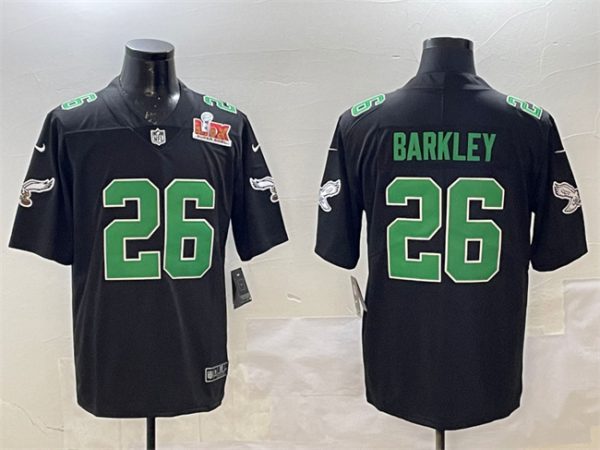 Men's Philadelphia Eagles #26 Saquon Barkley Black 2025 Super Bowl LIX Patch Throwback Vapor Untouchable Limited Stitched Football Jersey - Custom Name
