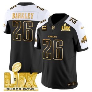 Men's Philadelphia Eagles #26 Saquon Barkley Black Gold 2025 Super Bowl LIX With 4-Star C Patch New F.U.S.E. Vapor Untouchable Limited Stitched Football Jersey - Custom Name