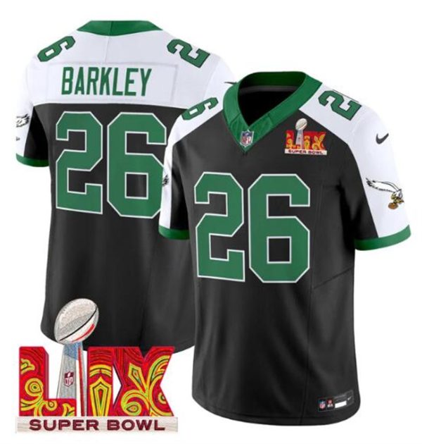 Men's Philadelphia Eagles #26 Saquon Barkley Black White 2025 Super Bowl LIX Patch F.U.S.E. Vapor Untouchable Limited Stitched Football Jersey - Custom Name