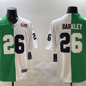 Men's Philadelphia Eagles #26 Saquon Barkley Green White Split 2025 Super Bowl LIX Patch Vapor Untouchable Limited Stitched Football Jersey - Custom Name