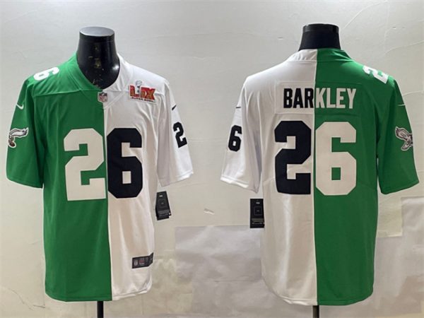 Men's Philadelphia Eagles #26 Saquon Barkley Green White Split 2025 Super Bowl LIX Patch Vapor Untouchable Limited Stitched Football Jersey1 - Custom Name