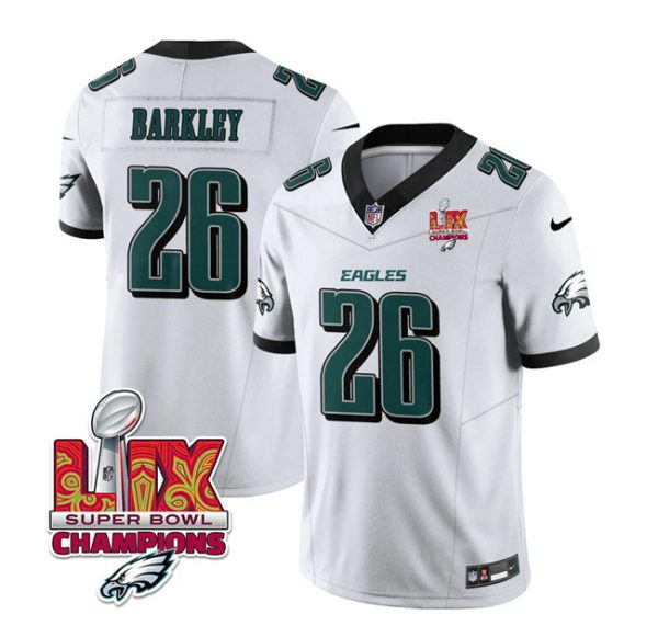 Men's Philadelphia Eagles #26 Saquon Barkley White 2025 Eagles Logo Super Bowl LIX Patch New F.U.S.E. Vapor Untouchable Limited Stitched Football Jersey - Custom Name