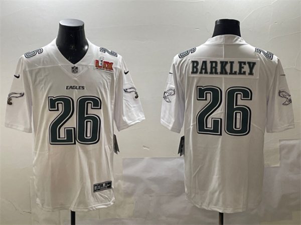 Men's Philadelphia Eagles #26 Saquon Barkley White 2025 Super Bowl LIX Patch Fashion Vapor Untouchable Limited Stitched Football Jersey - Custom Name