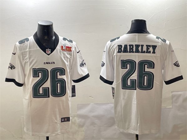 Men's Philadelphia Eagles #26 Saquon Barkley White 2025 Super Bowl LIX Patch New Vapor Untouchable Limited Stitched Football Jersey - Custom Name