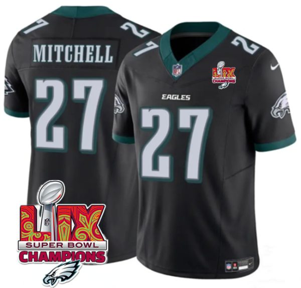 Men's Philadelphia Eagles #27 Quinyon Mitchell Black 2025 Eagles Logo Super Bowl LIX Patch New F.U.S.E. Vapor Untouchable Limited Stitched Football Jersey - Custom Name