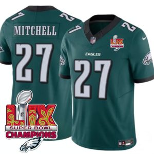 Men's Philadelphia Eagles #27 Quinyon Mitchell Green 2025 Eagles Logo Super Bowl LIX Patch New F.U.S.E. Vapor Untouchable Limited Stitched Football Jersey - Custom Name