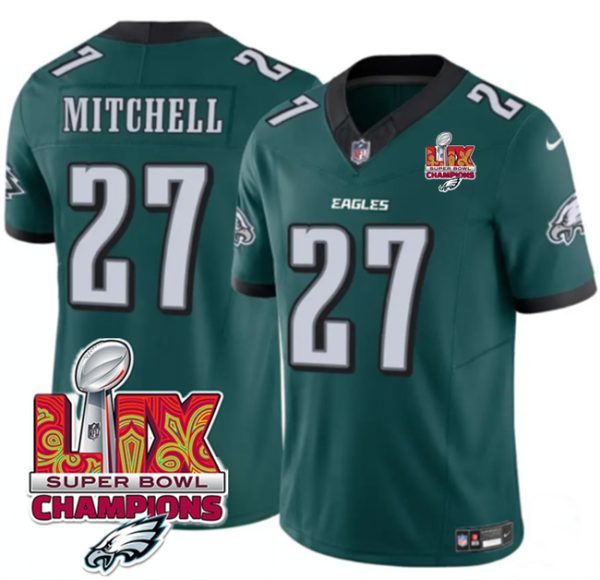 Men's Philadelphia Eagles #27 Quinyon Mitchell Green 2025 Eagles Logo Super Bowl LIX Patch New F.U.S.E. Vapor Untouchable Limited Stitched Football Jersey - Custom Name