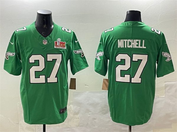Men's Philadelphia Eagles #27 Quinyon Mitchell Green 2025 Super Bowl LIX Patch F.U.S.E. Throwback Vapor Untouchable Limited Stitched Football Jersey - Custom Name