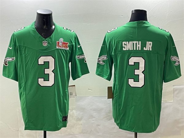 Men's Philadelphia Eagles #3 Nolan Smith Jr. Green 2025 Super Bowl LIX Patch F.U.S.E. Throwback Vapor Untouchable Limited Stitched Football Jersey - Custom Name