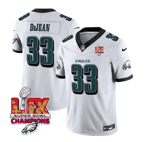 Men's Philadelphia Eagles #33 Cooper DeJean White 2025 Eagles Logo Super Bowl LIX Patch New F.U.S.E. Vapor Untouchable Limited Stitched Football Jersey - Custom Name