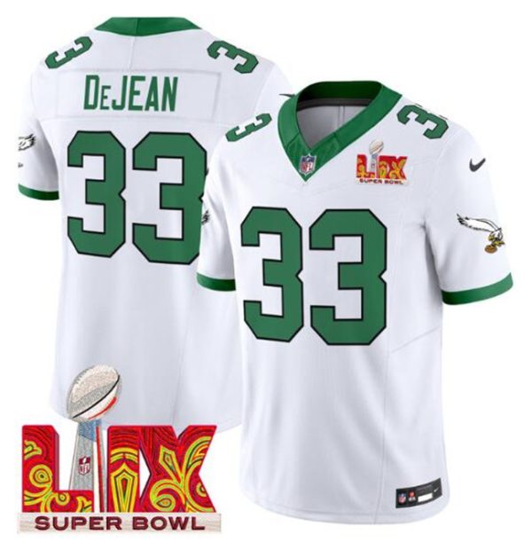 Men's Philadelphia Eagles #33 Cooper DeJean White 2025 Super Bowl LIX Patch F.U.S.E. Vapor Untouchable Limited Stitched Football Jersey - Custom Name
