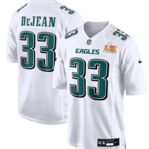 Men's Philadelphia Eagles #33 Cooper DeJean White 2025 Super Bowl LIX Patch Fashion Football Stitched Game Jersey - Custom Name