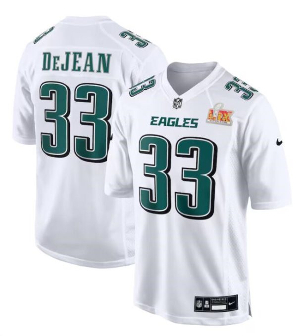 Men's Philadelphia Eagles #33 Cooper DeJean White 2025 Super Bowl LIX Patch Fashion Football Stitched Game Jersey - Custom Name