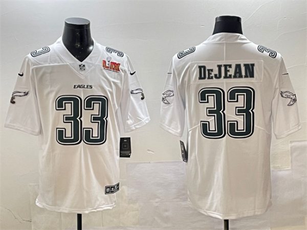 Men's Philadelphia Eagles #33 Cooper DeJean White 2025 Super Bowl LIX Patch Fashion New Vapor Untouchable Limited Stitched Football Jersey - Custom Name