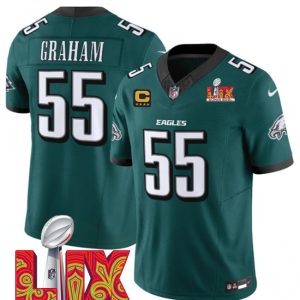 Men's Philadelphia Eagles #55 Brandon Graham Green 2025 Super Bowl LIX Patch And 4-Star C Gold Patch New F.U.S.E. Vapor Limited Stitched Football Jersey - Custom Name
