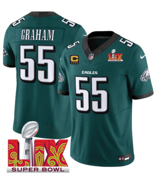 Men's Philadelphia Eagles #55 Brandon Graham Green 2025 Super Bowl LIX Patch And 4-Star C Gold Patch New F.U.S.E. Vapor Limited Stitched Football Jersey - Custom Name