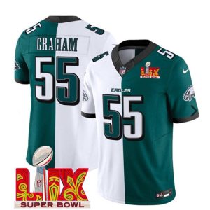 Men's Philadelphia Eagles #55 Brandon Graham White Green Split 2025 Super Bowl LIX Patch F.U.S.E. Vapor Untouchable Limited Stitched Football Jersey - Custom Name