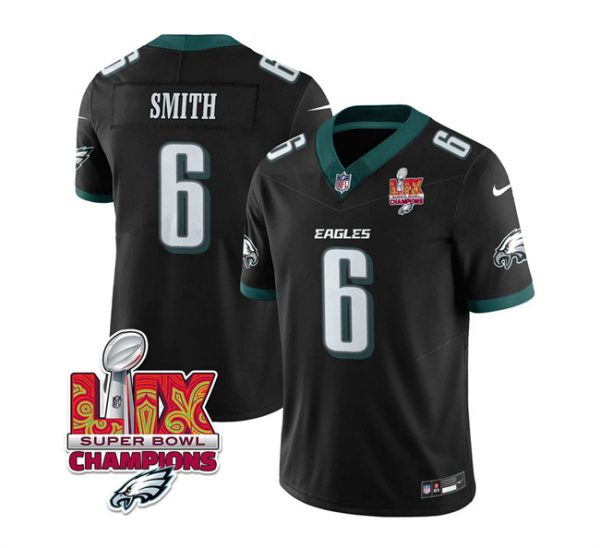 Men's Philadelphia Eagles #6 DeVonta Smith Black 2025 Eagles Logo Super Bowl LIX Patch New F.U.S.E. Vapor Limited Stitched Football Jersey - Custom Name