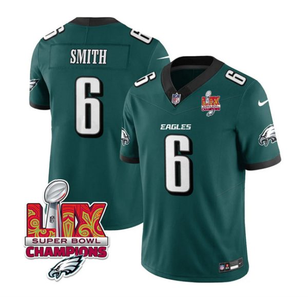 Men's Philadelphia Eagles #6 DeVonta Smith Green 2025 Eagles Logo Super Bowl LIX Patch New F.U.S.E. Vapor Limited Stitched Football Jersey - Custom Name