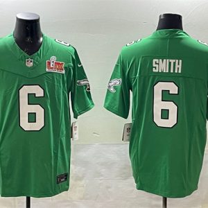 Men's Philadelphia Eagles #6 DeVonta Smith Green 2025 Super Bowl LIX Patch F.U.S.E. Throwback Vapor Untouchable Limited Stitched Football Jersey - Custom Name