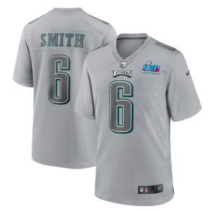 Men's Philadelphia Eagles #6 DeVonta Smith Grey Super Bowl LVII Patch Atmosphere Fashion Stitched Game Jersey - Custom Name