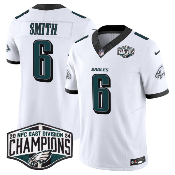 Men's Philadelphia Eagles #6 DeVonta Smith White 2024 New NFC East Champions F.U.S.E. Vapor Untouchable Limited Stitched Football Jersey - Custom Name
