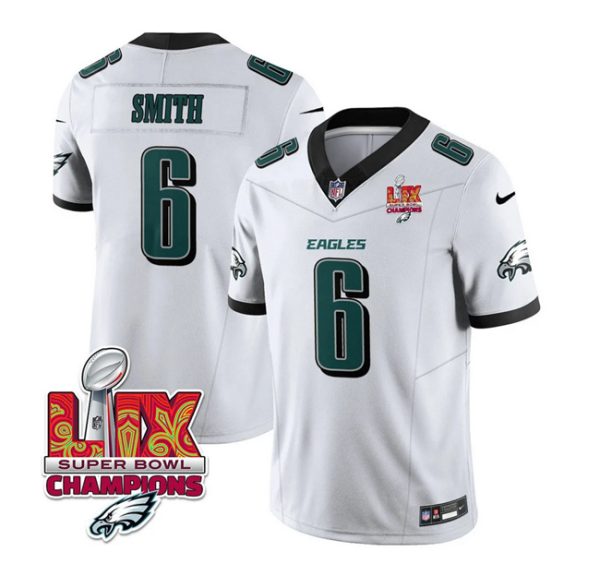 Men's Philadelphia Eagles #6 DeVonta Smith White 2025 Eagles Logo Super Bowl LIX Patch New F.U.S.E. Vapor Untouchable Limited Stitched Football Jersey - Custom Name