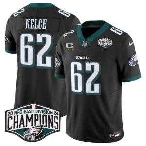 Men's Philadelphia Eagles #62 Jason Kelce Black 2024 New NFC East Champions With 4-Star C Patch F.U.S.E. Vapor Untouchable Limited Stitched Football Jersey - Custom Name