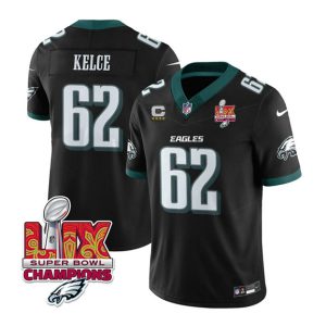 Men's Philadelphia Eagles #62 Jason Kelce Black 2025 Eagles Logo Super Bowl LIX Patch And 4-Star C Patch New F.U.S.E. Vapor Limited Stitched Football Jersey - Custom Name