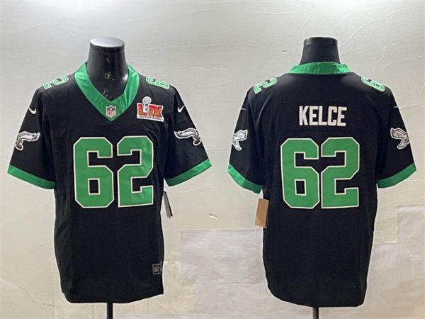 Men's Philadelphia Eagles #62 Jason Kelce Black 2025 Super Bowl LIX Patch F.U.S.E. Vapor Untouchable Limited Stitched Football Jersey - Custom Name