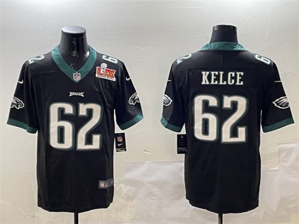 Men's Philadelphia Eagles #62 Jason Kelce Black 2025 Super Bowl LIX Patch Vapor Untouchable Limited Stitched Football Jersey - Custom Name