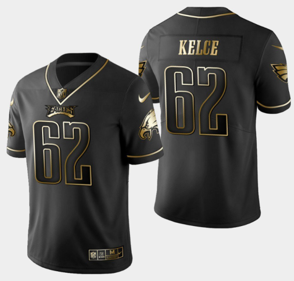 Men's Philadelphia Eagles #62 Jason Kelce Black Golden Edition Stitched Baseball Jersey - Custom Name
