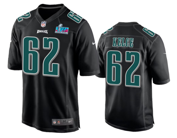 Men's Philadelphia Eagles #62 Jason Kelce Black Super Bowl LVII Patch Stitched Game Jersey - Custom Name
