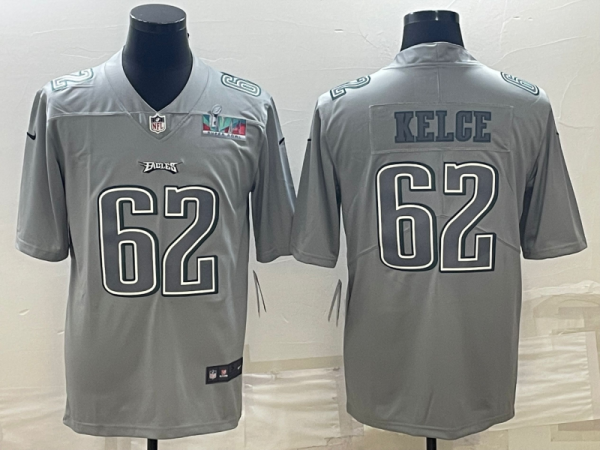 Men's Philadelphia Eagles #62 Jason Kelce Gray Super Bowl LVII Patch Atmosphere Fashion Stitched Jersey - Custom Name