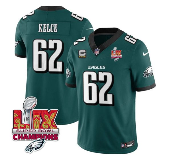 Men's Philadelphia Eagles #62 Jason Kelce Green 2025 Eagles Logo Super Bowl LIX Patch And 4-Star C Patch New F.U.S.E. Vapor Limited Stitched Football Jersey - Custom Name